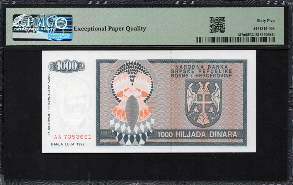Bosnia and Herzegovina - 1.000 Dinara 1992 - Pick # 137a - PMG 65 EPQ