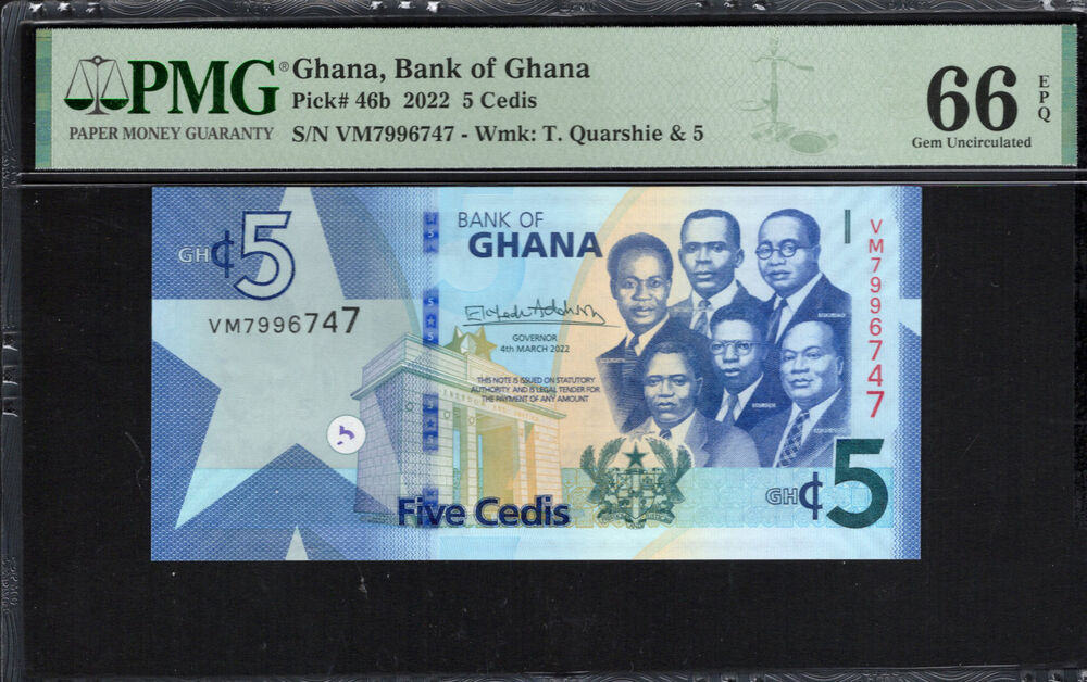 Ghana - 5 Cedis 2022 - Pick # 46b - PMG 66 EPQ