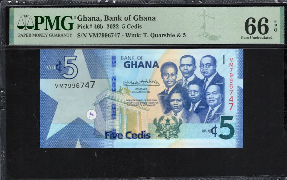 Ghana - 5 Cedis 2022 - Pick # 46b - PMG 66 EPQ
