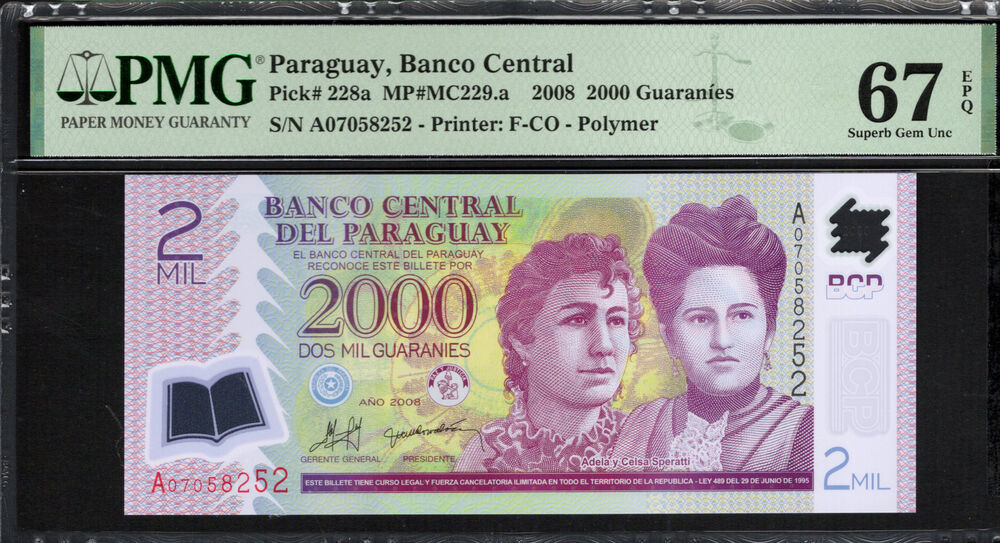Paraguay - 2.000 Guaranies 2008 - Pick # 228a - PMG 67 EPQ