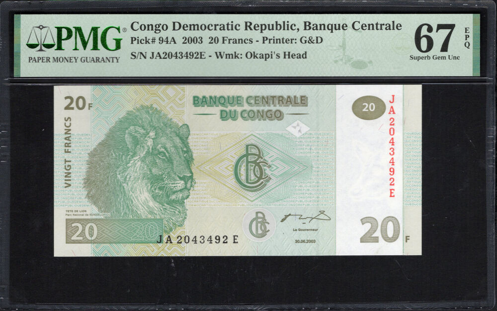 Congo - 20 Francs 2003 - Pick # 94A - PMG 67 EPQ