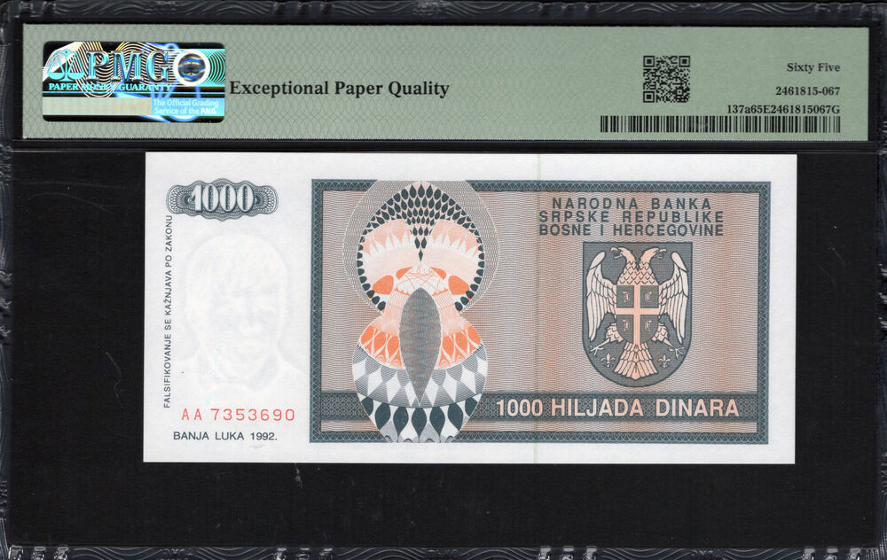 Bosnia and Herzegovina - 1.000 Dinara 1992 - Pick # 137a - PMG 65 EPQ