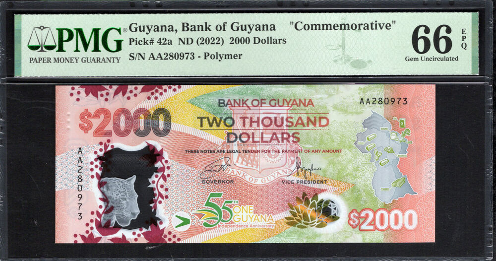 Guyana - 2.000 Dollars 2022 - Pick # 42a - PMG 66 EPQ