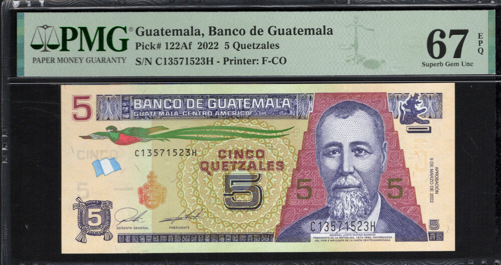 Guatemala - 5 Quetzales 2022 - Pick # 122Af - PMG 67 EPQ