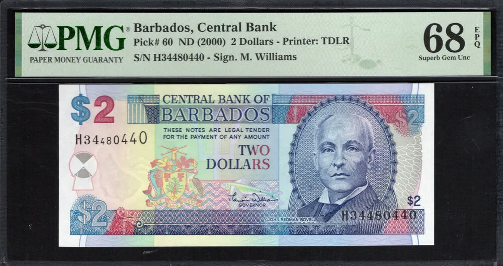Barbados - 2 Dollars 2000 - Pick # 60 - PMG 68 EPQ