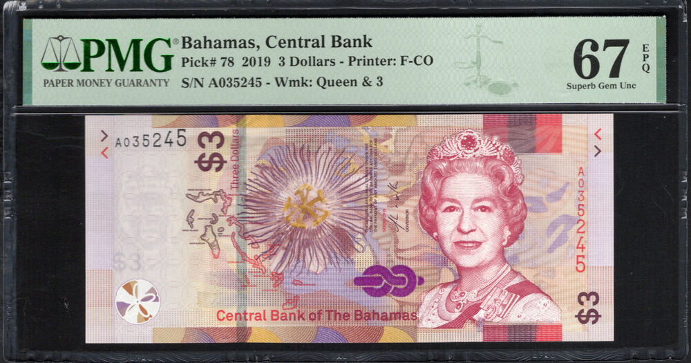 Bahamas - 3 Dollars 2019 - Pick # 78 - PMG 67 EPQ