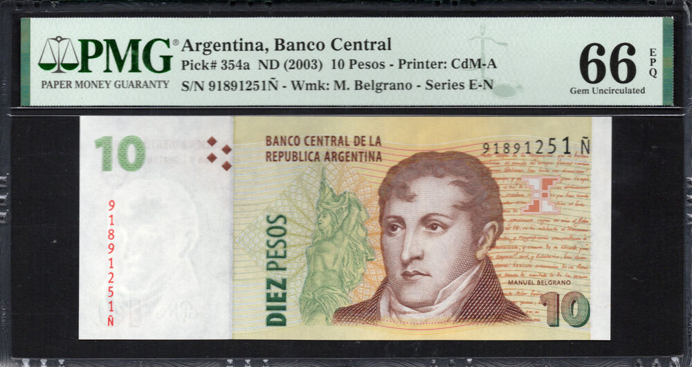 Argentina - 10 Pesos 2003 - Pick # 354a - PMG 66 EPQ
