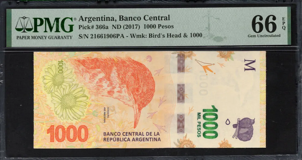 Argentina - 1.000 Pesos 2017 - Pick # 366a - PMG 66 EPQ