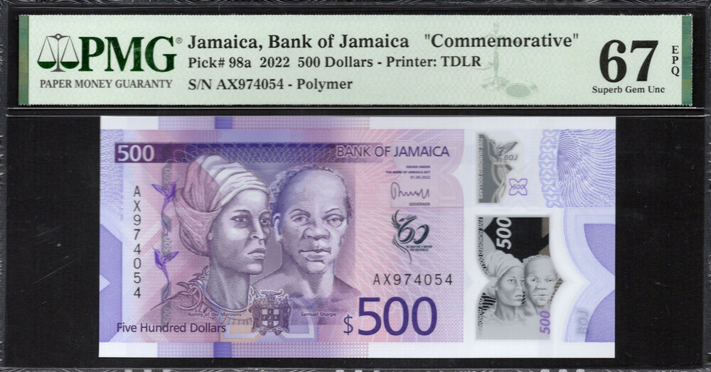 Jamaica - 500 Dollars 2022 - Pick # 98a - PMG 67 EPQ