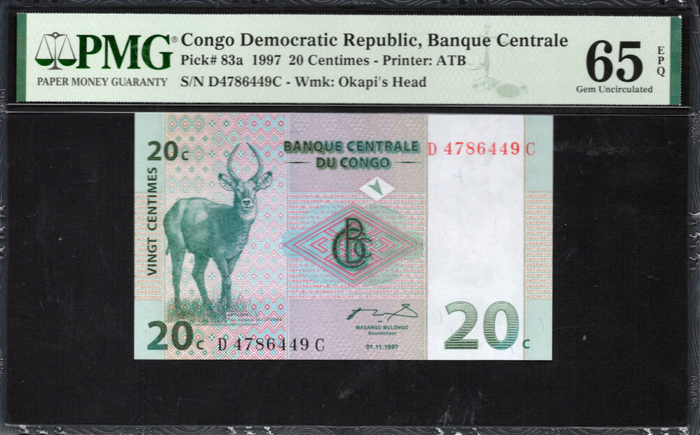 Congo Democratic Republic - 20 Centimes 1997 - Pick # 83a - PMG 65 EPQ