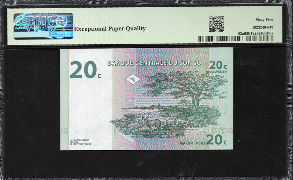 Congo Democratic Republic - 20 Centimes 1997 - Pick # 83a - PMG 65 EPQ