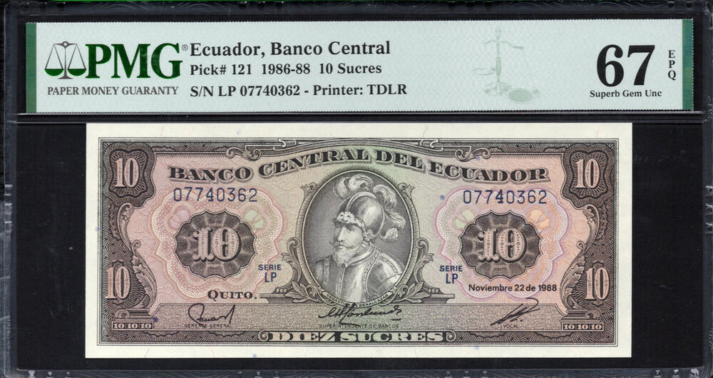 Ecuador - 10 Sucres 1986 - Pick # 121 - PMG 67 EPQ