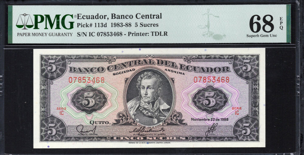 Ecuador - 5 Sucres 1983 - Pick # 113d - PMG 68 EPQ