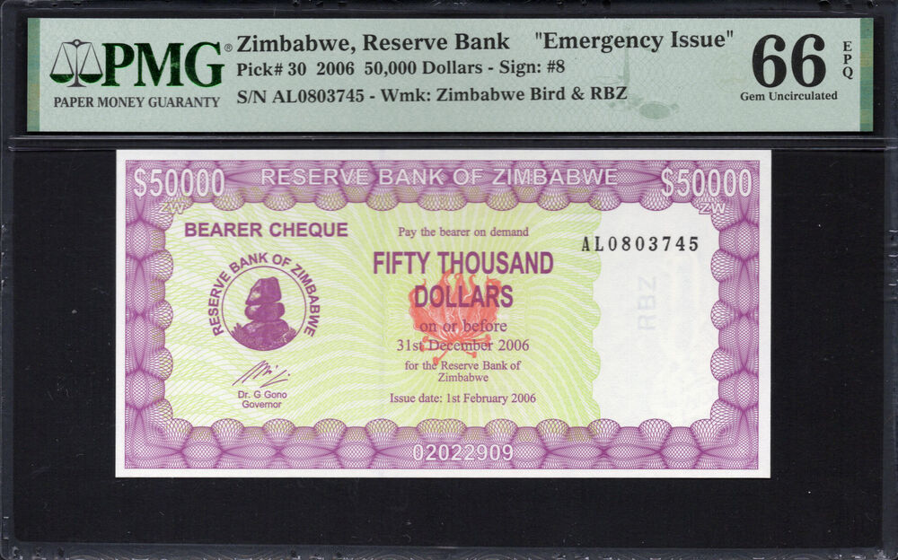 Zimbabwe - 50.000 Dollars 2006 - Pick # 30 - PMG 66 EPQ