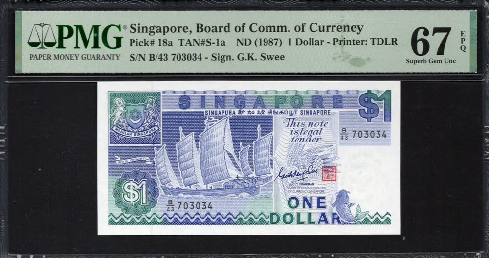 Singapore - 1 Dollar 1987 - Pick # 18a - PMG 67 EPQ
