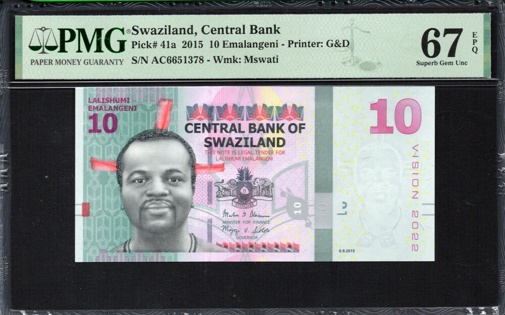 Swaziland - 10 Emalangeni 2015 - Pick # 41a - PMG 67 EPQ