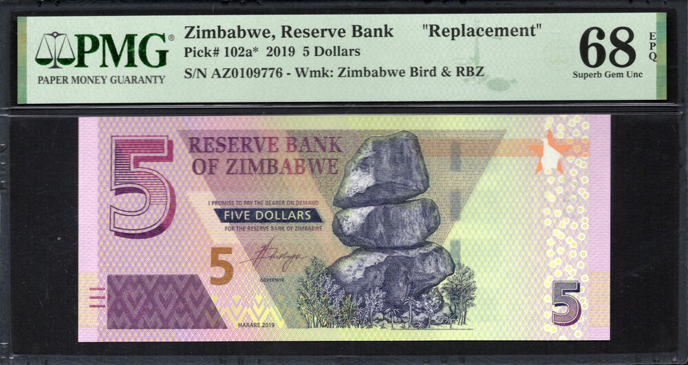 Zimbabwe - 5 Dollars 2019 - Pick # 102a* - PMG 68 EPQ