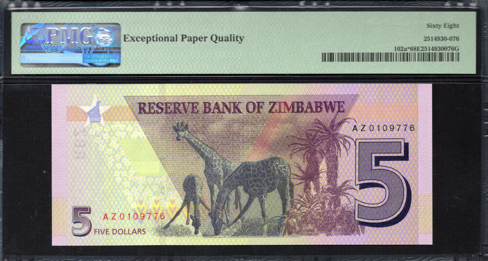 Zimbabwe - 5 Dollars 2019 - Pick # 102a* - PMG 68 EPQ