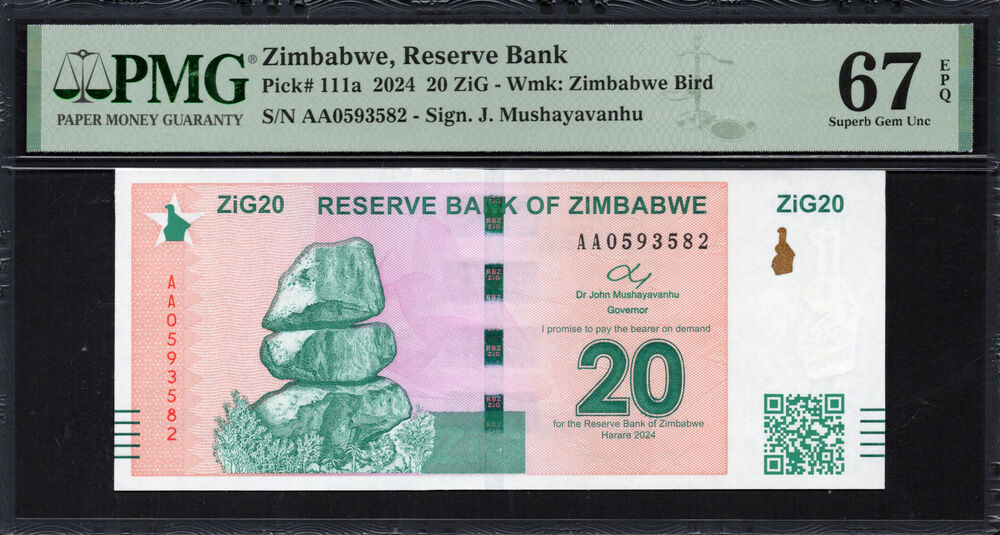 Zimbabwe - 20 ZiG 2024 - Pick # 111a - PMG 67 EPQ