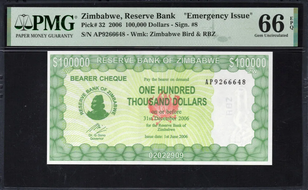Zimbabwe - 100.000 Dollars 2006 - Pick # 32 - PMG 66 EPQ