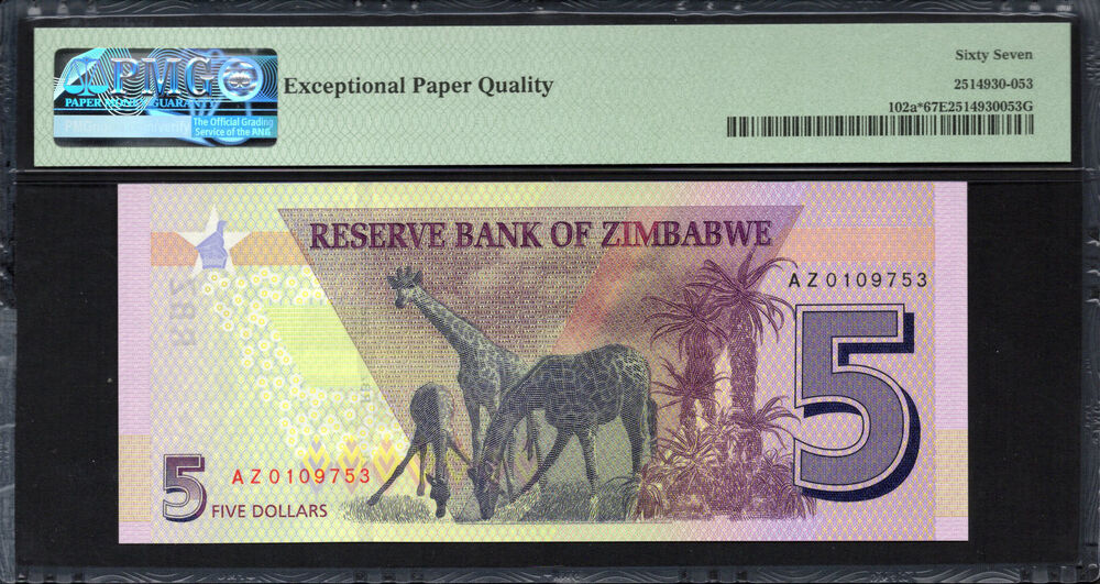 Zimbabwe - 5 Dollars 2019 - Pick # 102a - PMG 67 EPQ