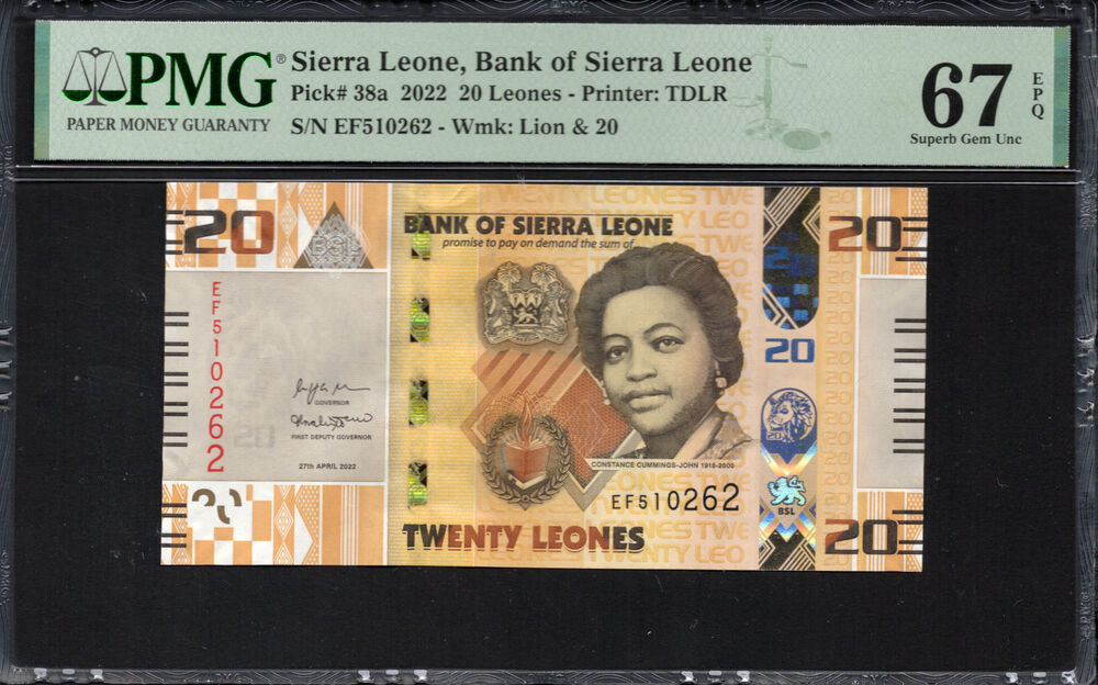 Sierra Leone - 20 Leones 2022 - Pick # 38a - PMG 67 EPQ