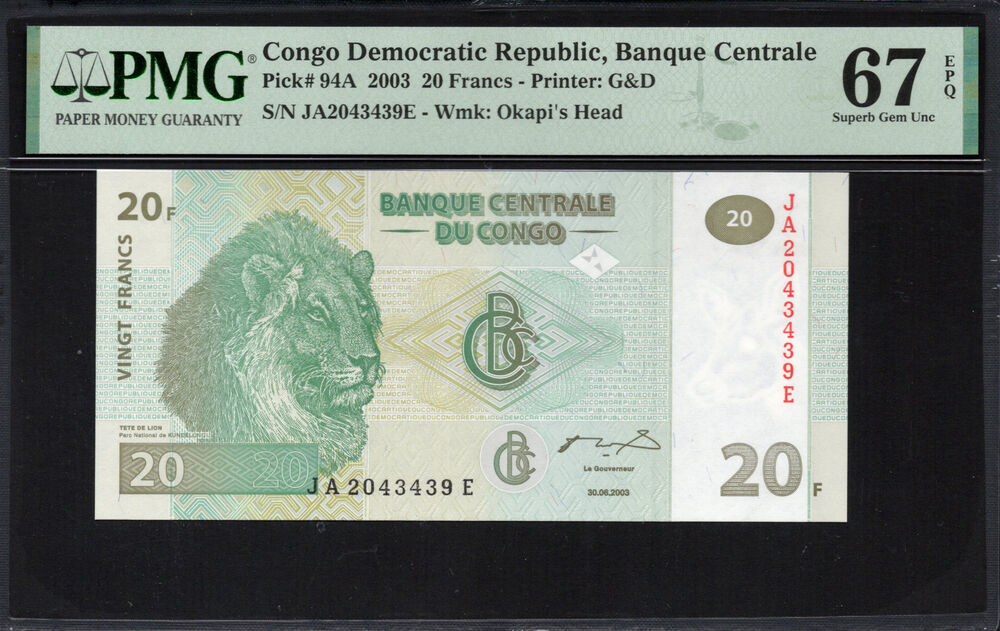 Congo Democratic Republic - 20 Francs 2003 - Pick # 94A - PMG 67 EPQ
