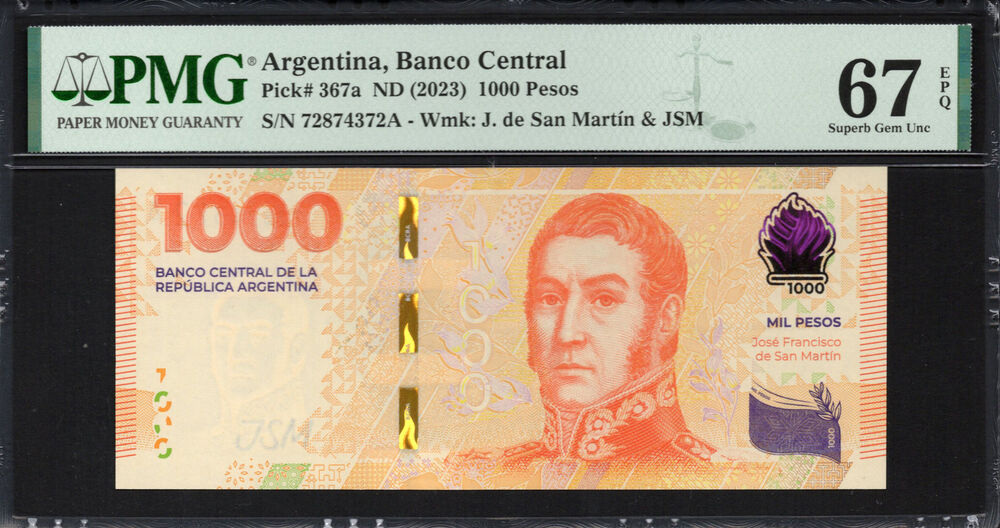 Argentina - 1.000 Pesos 2023 - Pick # 367a - PMG 67 EPQ