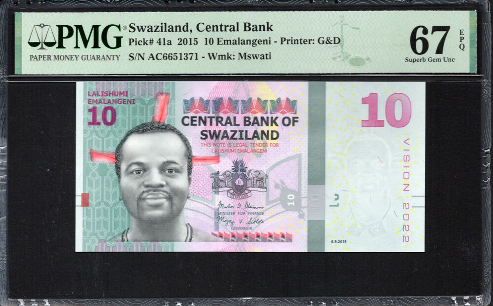 Swaziland - 10 Emalangeni 2015 - Pick # 41a - PMG 67 EPQ