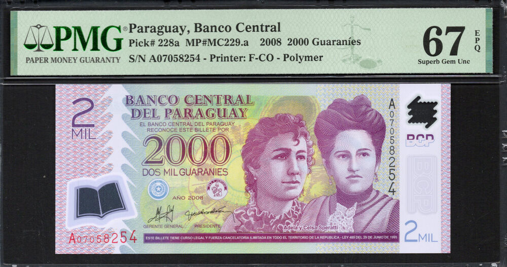 Paraguay - 2.000 Guaranies 2008 - Pick # 228a - PMG 67 EPQ