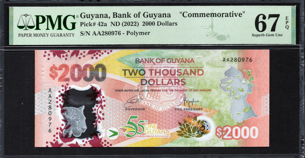 Guyana - 2.000 Dollars 2022 - Pick # 42a - PMG 67 EPQ
