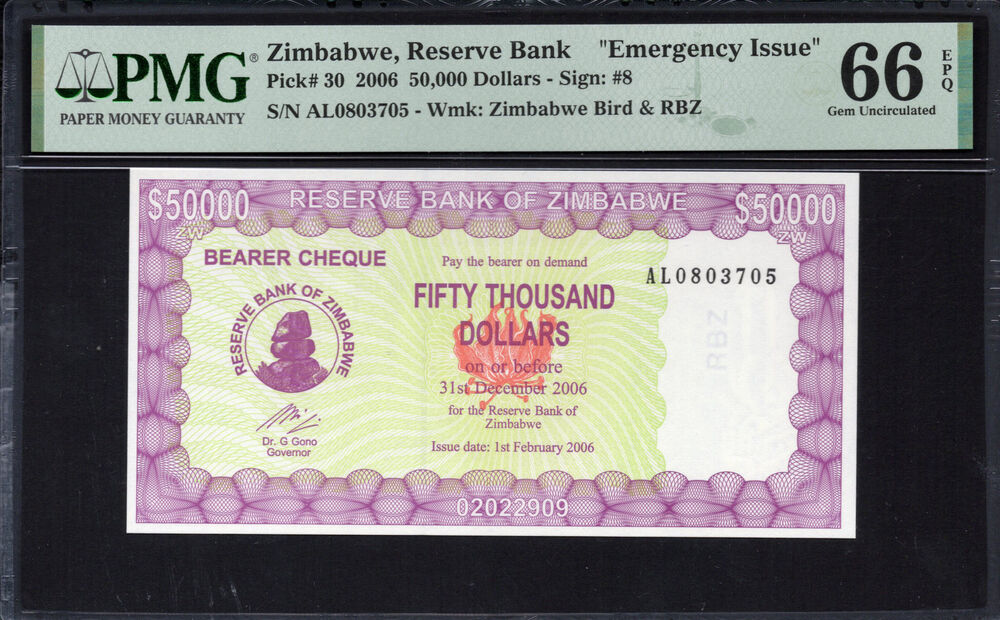 Zimbabwe - 50.000 Dollars 2006 - Pick # 30 - PMG 66 EPQ