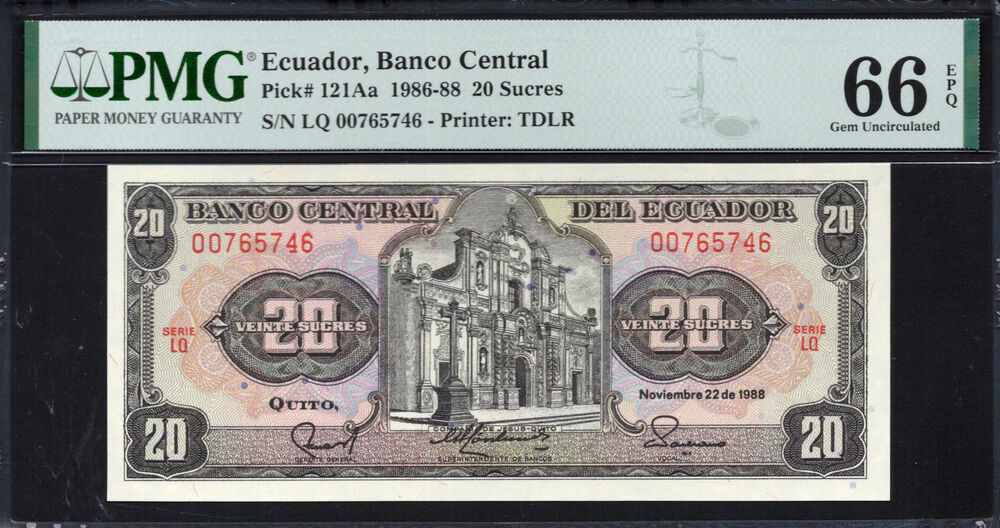 Ecuador - 20 Sucres 1986 - Pick # 121Aa - PMG 66 EPQ