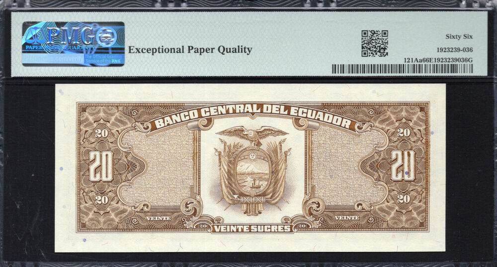 Ecuador - 20 Sucres 1986 - Pick # 121Aa - PMG 66 EPQ