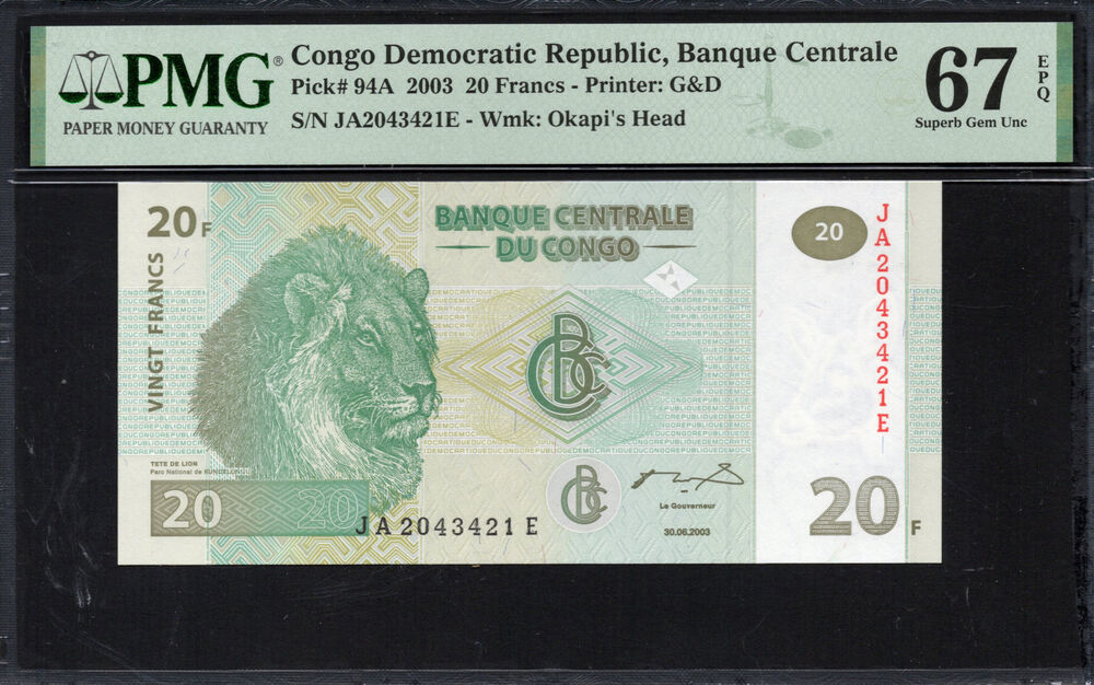 Congo Democratic Republic - 20 Francs 2003 - Pick # 94A - PMG 67 EPQ