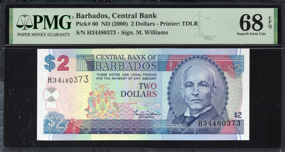 Barbados - 2 Dollars 2000 - Pick # 60 - PMG 68 EPQ