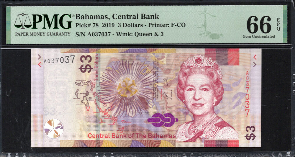 Bahamas - 3 Dollars 2019 - Pick # 78 - PMG 66 EPQ