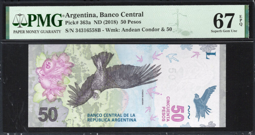 Argentina - 50 Pesos 2018 - Pick # 363a - PMG 67 EPQ