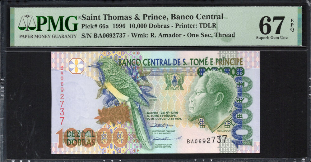 Sao Tome and Principe - 10.000 Dobras 1996 - Pick # 66a - PMG 67 EPQ