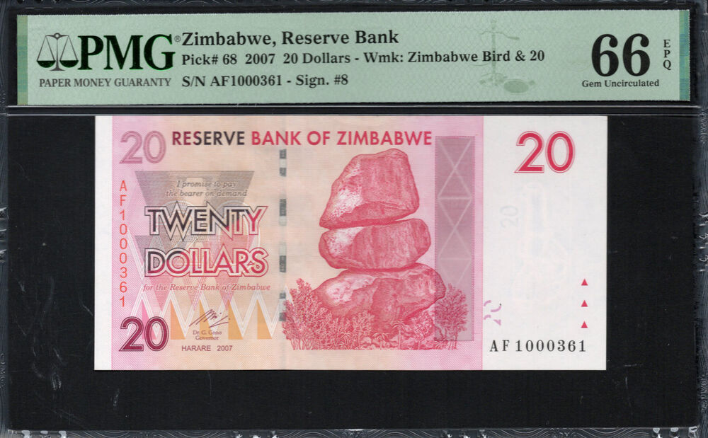 Zimbabwe - 20 Dollars 2007 - Pick # 68 - PMG 66 EPQ