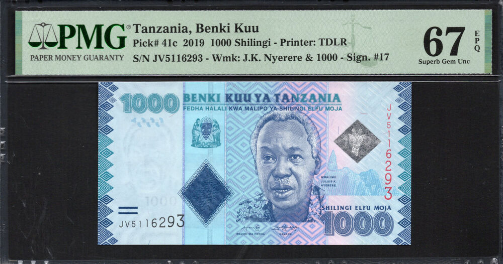 Tanzania - 1.000 Shilingi 2019 - Pick # 41c - PMG 67 EPQ