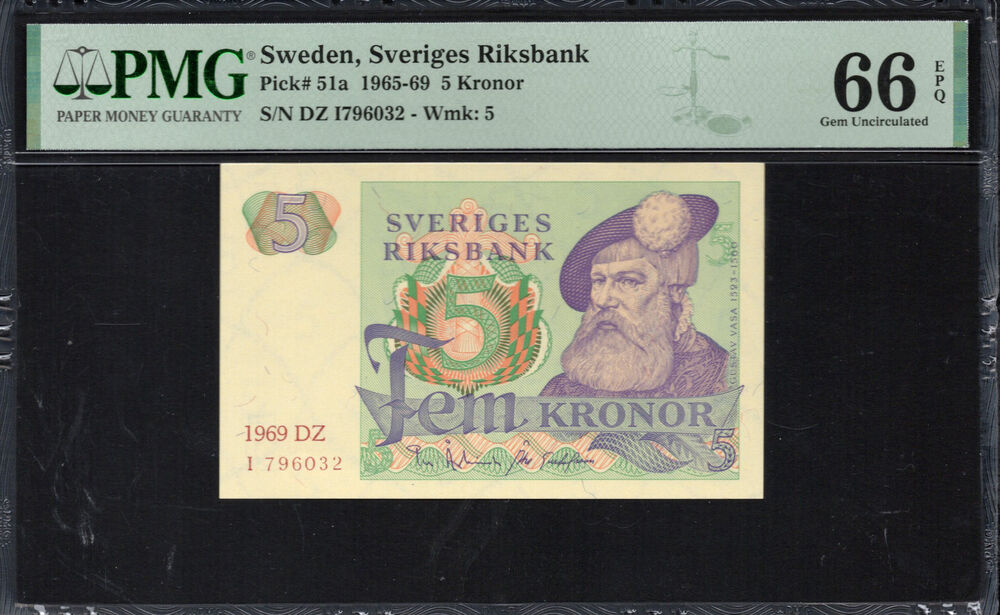Sweden - 5 Kronor 1969 - Pick # 51a - PMG 66 EPQ