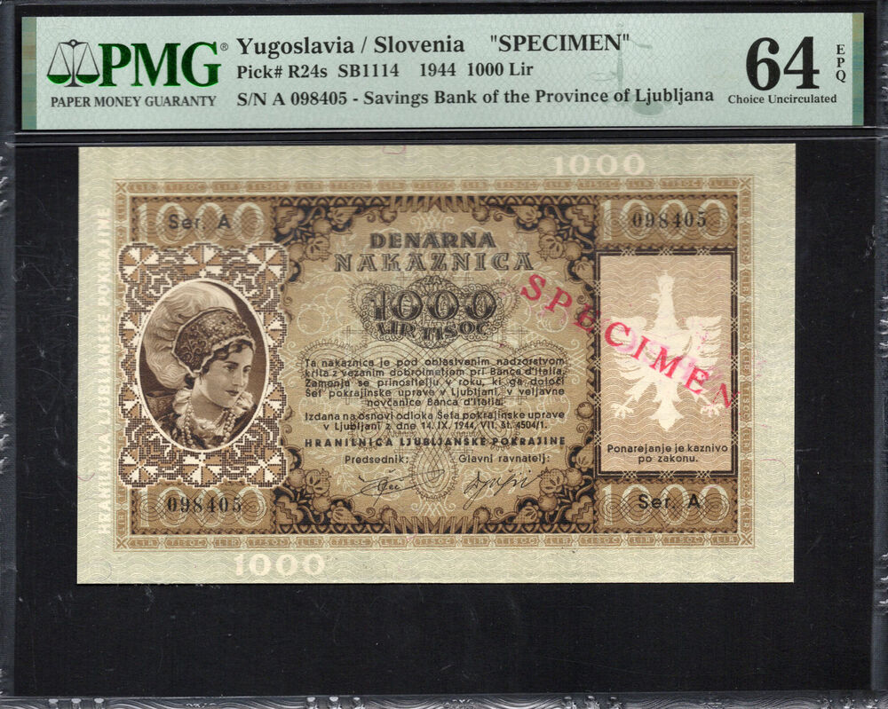 Yugoslavia - 1000 Lir 1944 - Pick # R24s - PMG 64 EPQ