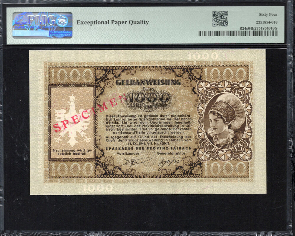 Yugoslavia - 1000 Lir 1944 - Pick # R24s - PMG 64 EPQ
