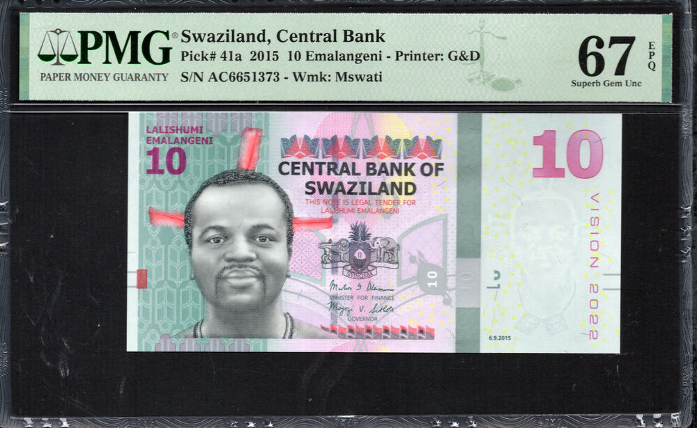 Swaziland - 10 Emalangeni 2015 - Pick # 41a - PMG 67 EPQ