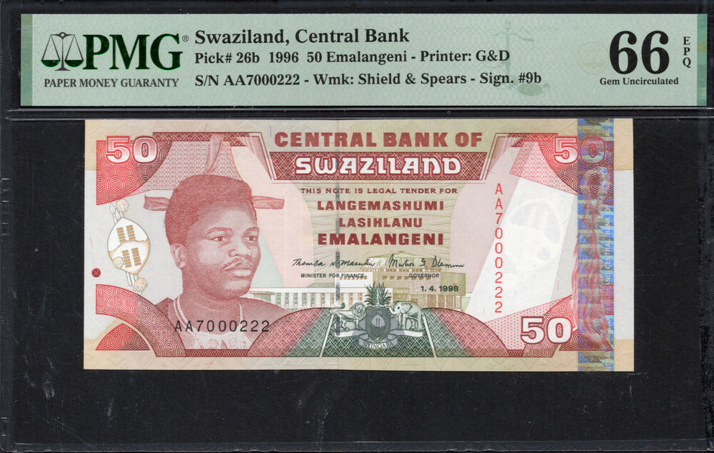 Swaziland - 50 Emalangeni 1996 - Pick # 26b - PMG 66 EPQ