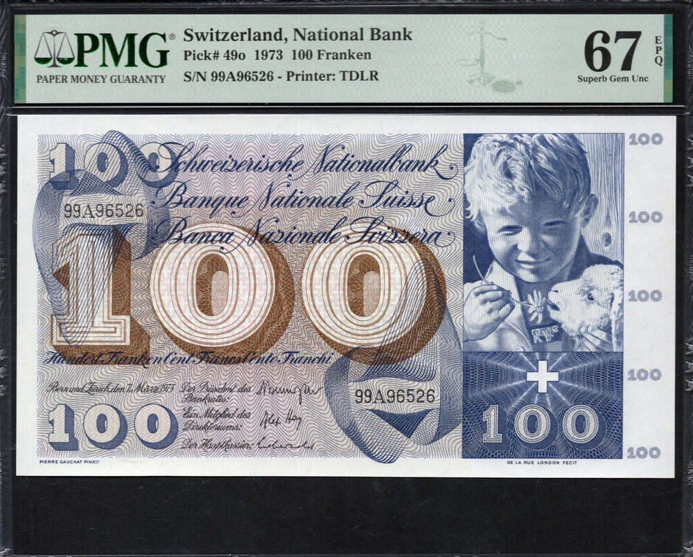 Switzerland - 100 Franken 1973 - Pick # 49o - PMG 67 EPQ