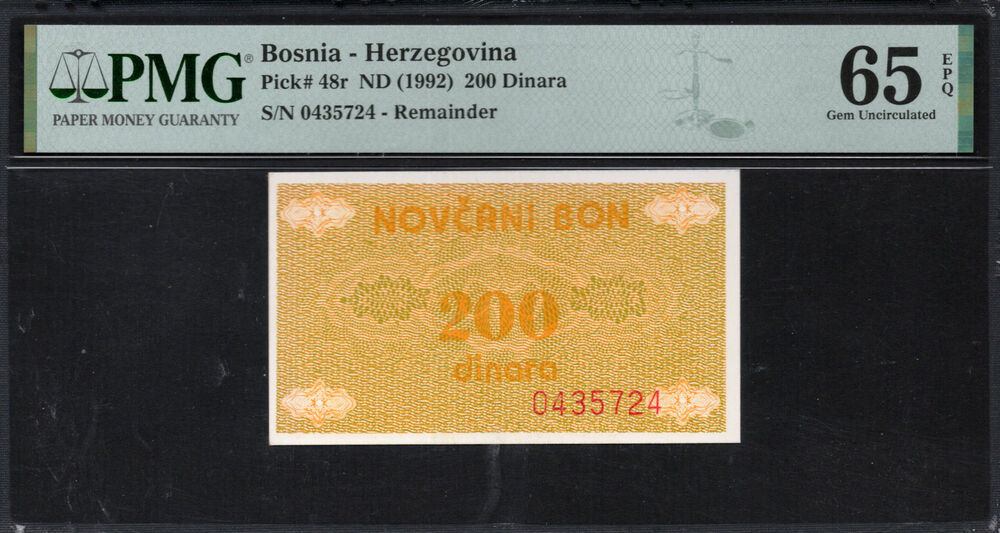 Bosnia and Herzegovina - 200 Dinara 1992 - Pick # 48r - PMG 65 EPQ