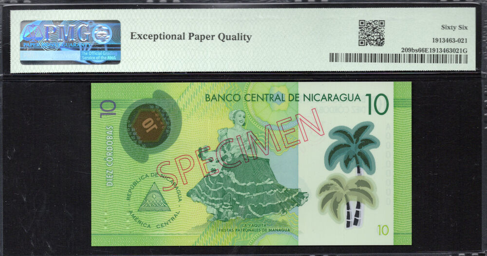 Nicaragua - 10 Córdobas 2019 - Pick # 209bs - PMG 66 EPQ