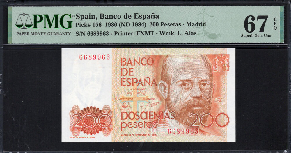 Spain - 200 Pesetas 1980 - Pick # 156 - PMG 67 EPQ